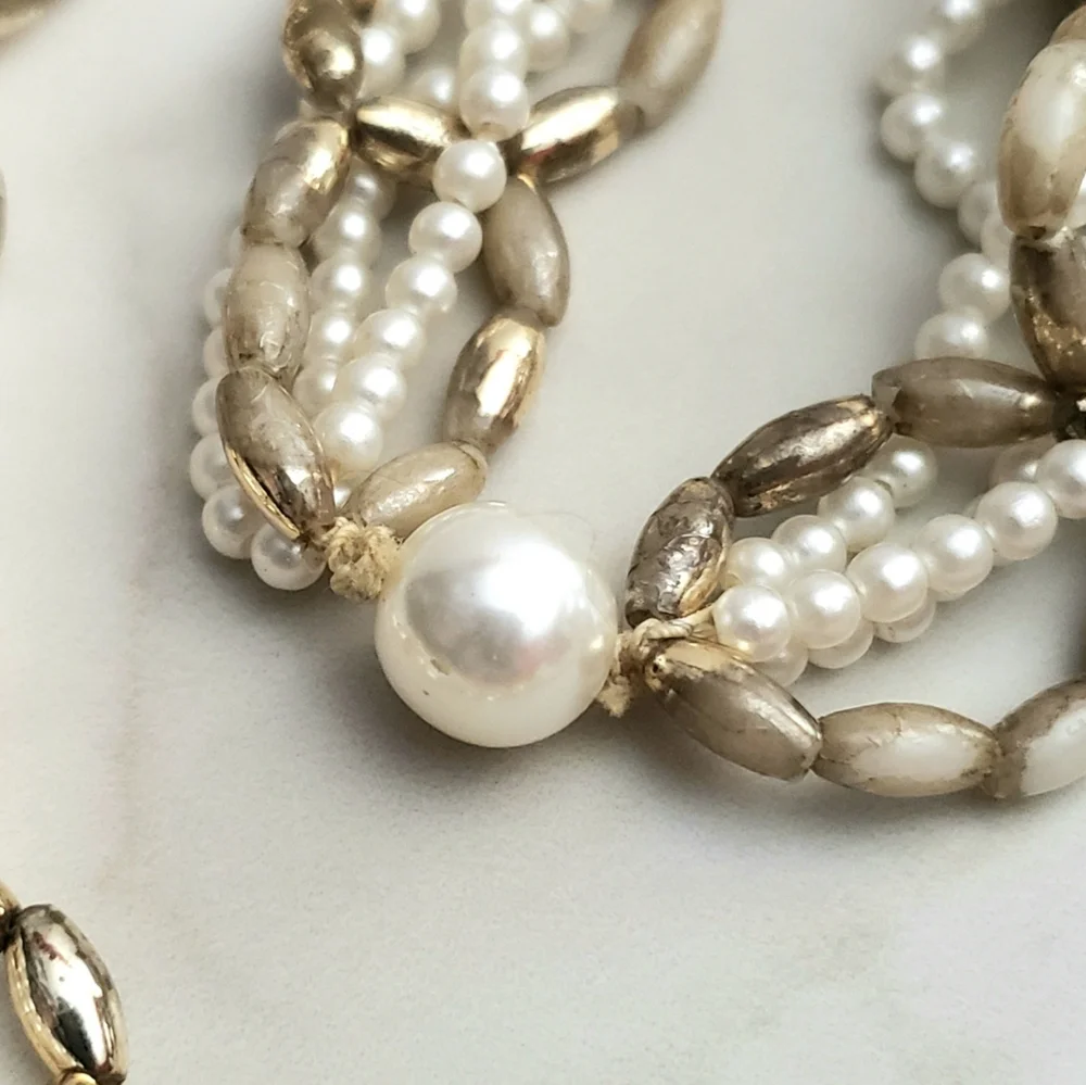 Gold and White Pearl and Mixed Bead Long Necklace 14" - Picture 3 of 8